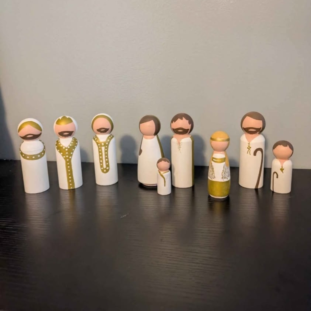 Handcrafted Wooden Nativity Set - White and Gold